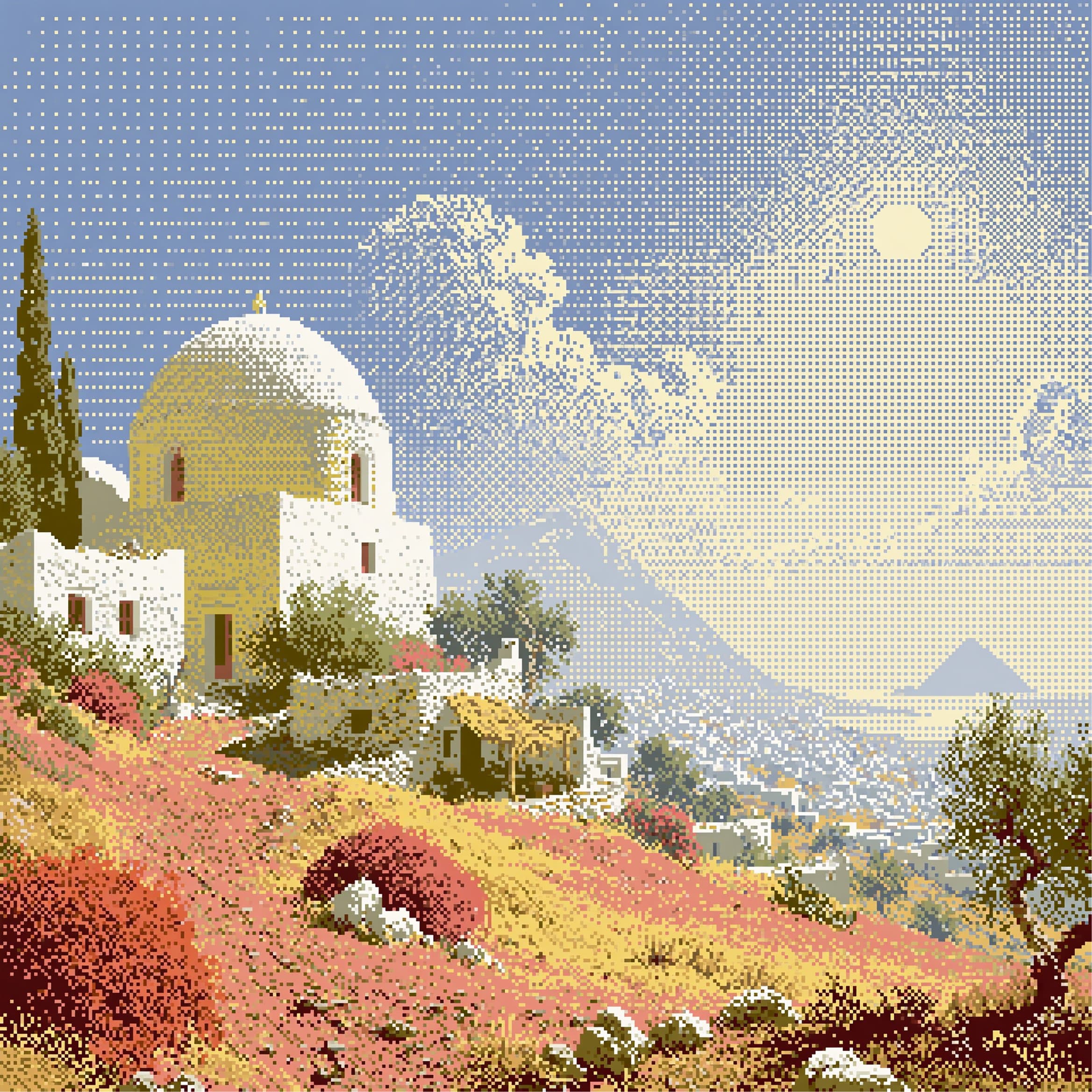 A whitewashed hillside chapel overlooking the sea