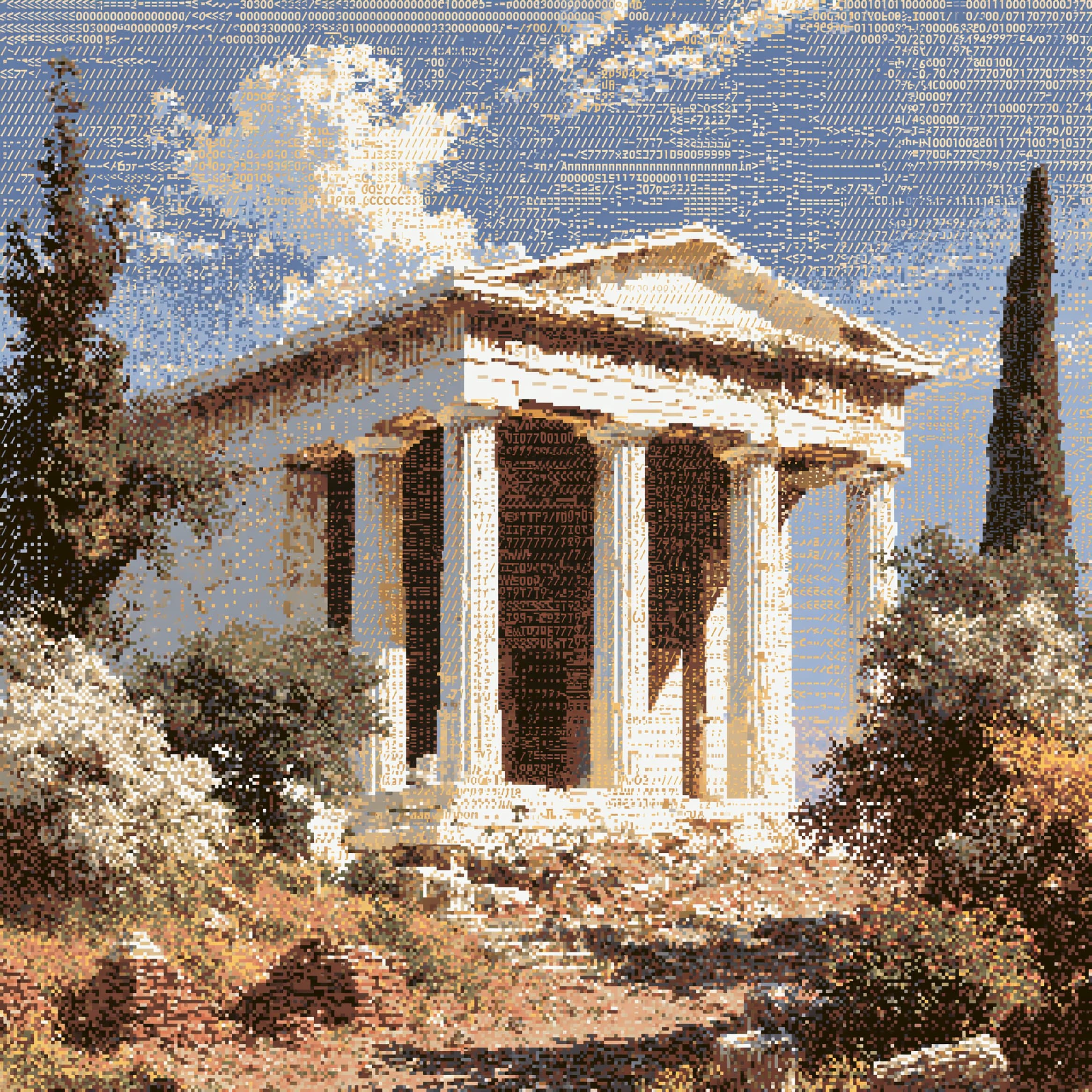 A classical Greek temple, columns weathered by time